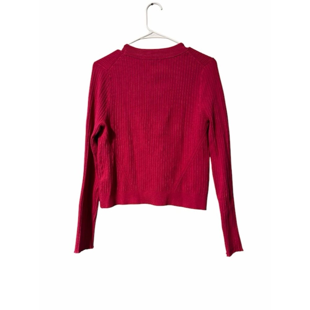 NEW Maeve Ribbed Crew-Neck Cardigan Sweater In Raspberry Size L - Picture 4 of 8